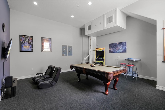 game room with billiards, electric panel, and carpet