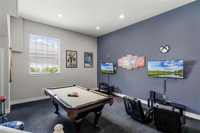 rec room featuring billiards and carpet