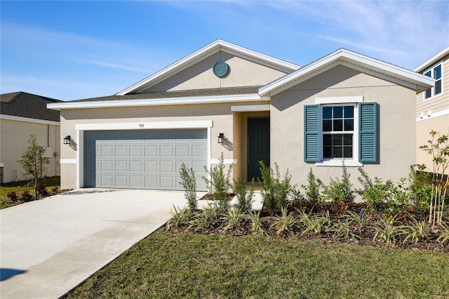 ranch-style home with a front yard and a garage