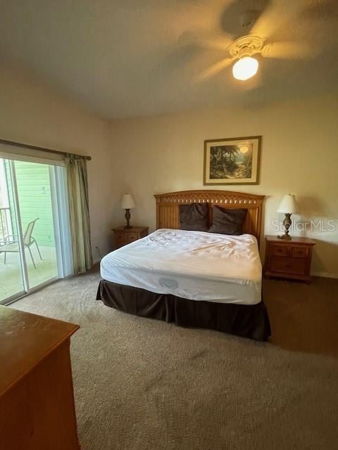 bedroom with carpet floors, access to exterior, and ceiling fan