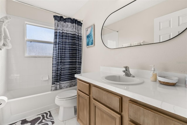 full bathroom featuring shower / bath combination with curtain, vanity, and toilet