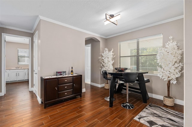 dining area featuring sink, a textured ceiling, and ornamental molding