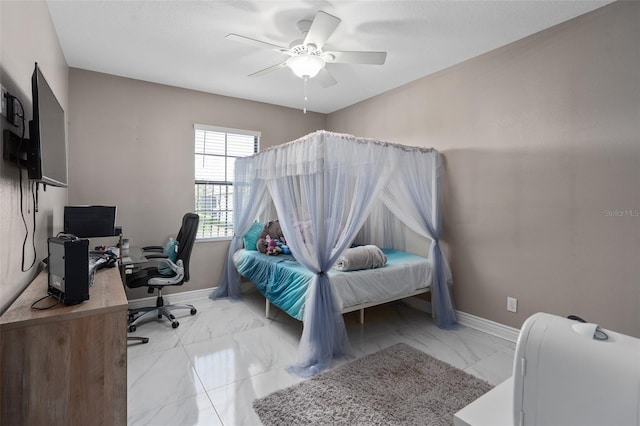 bedroom with baseboards, marble finish floor, and ceiling fan