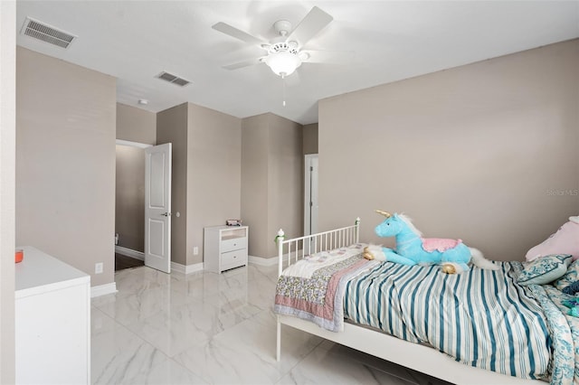 bedroom featuring baseboards, visible vents, marble finish floor, and ceiling fan