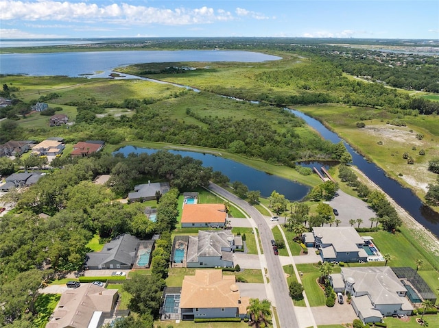 bird's eye view with a residential view and a water view