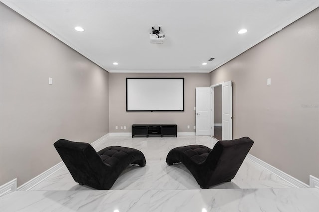 cinema featuring recessed lighting, baseboards, and marble finish floor