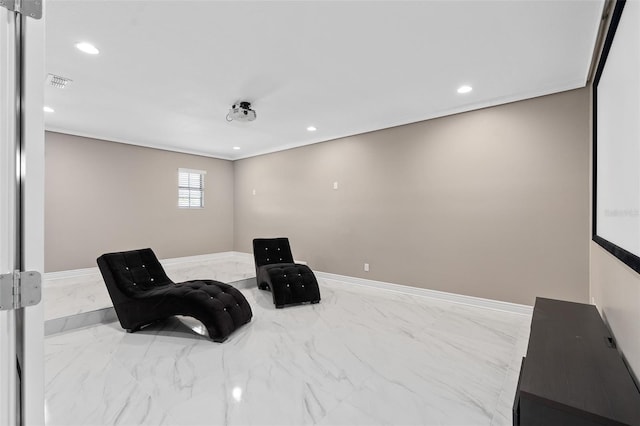 sitting room featuring visible vents, marble finish floor, ornamental molding, recessed lighting, and baseboards