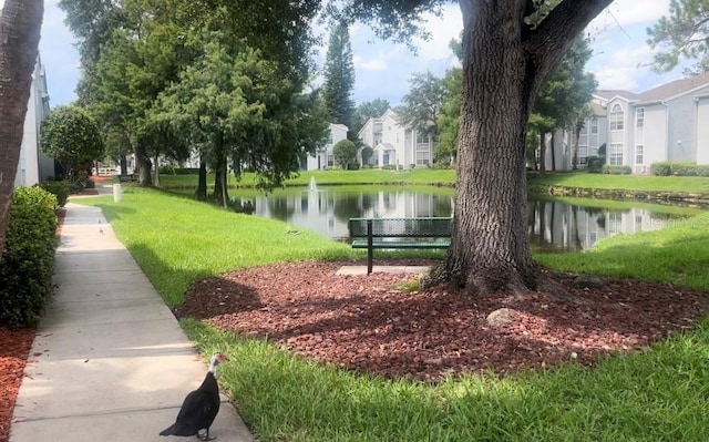 view of property's community with a yard and a water view