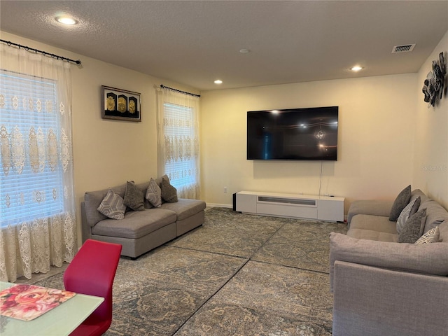 living room with a textured ceiling