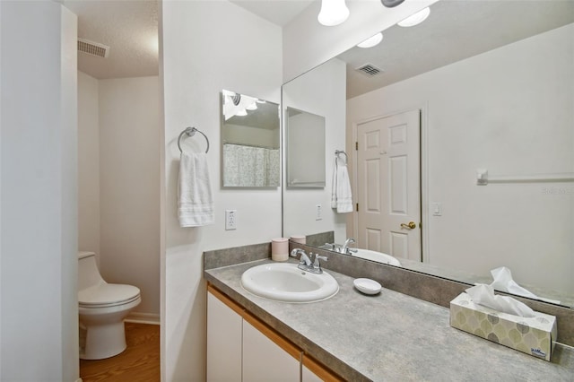 bathroom with wood-type flooring, vanity, and toilet