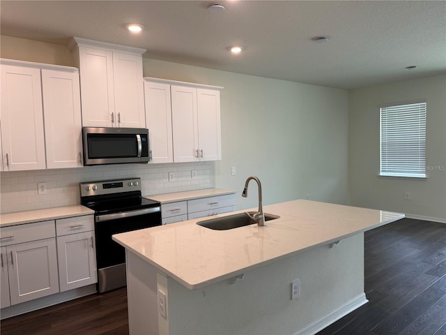 kitchen featuring sink, stainless steel appliances, and an island with sink