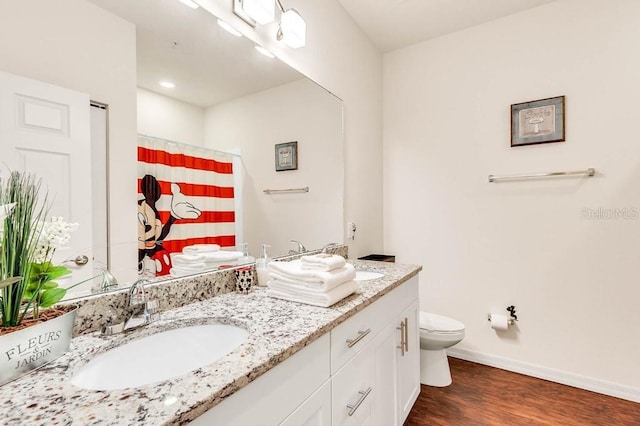 full bathroom with double vanity, baseboards, toilet, wood finished floors, and a sink