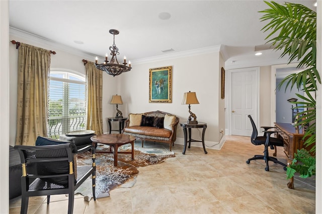 living room with ornamental molding, light tile patterned floors, and an inviting chandelier