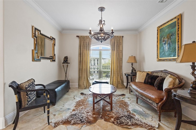 living room with crown molding and a chandelier