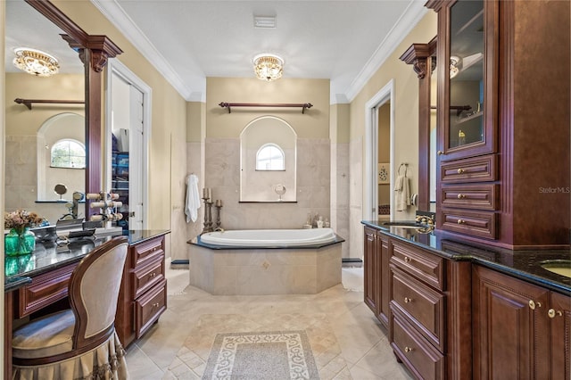 bathroom with tiled tub, a healthy amount of sunlight, tile patterned flooring, and crown molding