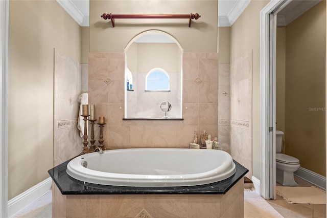 bathroom with ornamental molding, toilet, tile walls, and a relaxing tiled tub