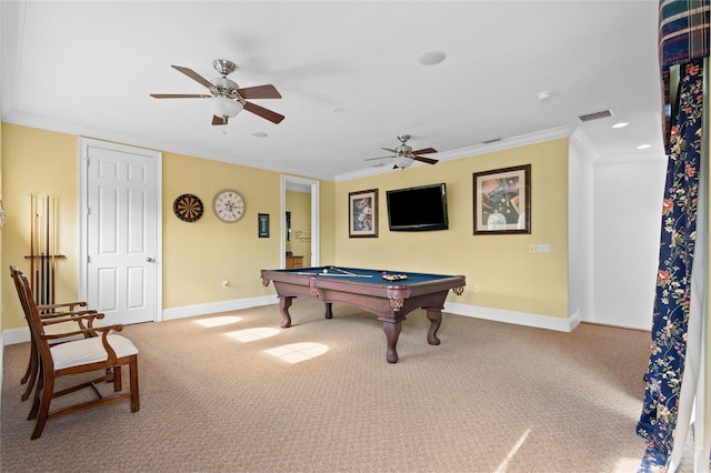 game room with ornamental molding, carpet flooring, ceiling fan, and billiards