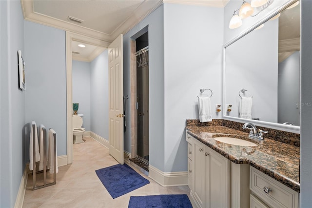 bathroom with toilet, ornamental molding, vanity, curtained shower, and tile patterned flooring