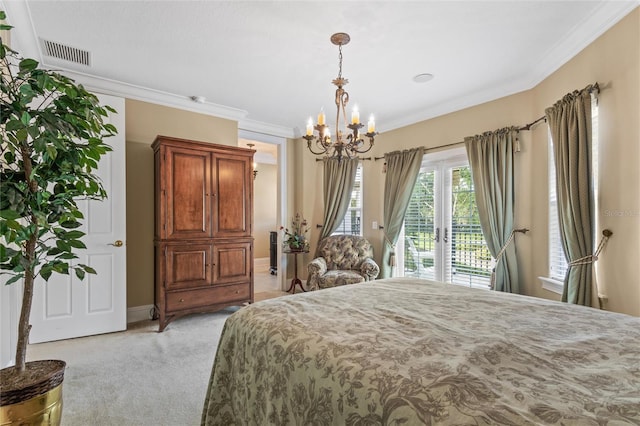 bedroom featuring ornamental molding, access to outside, light colored carpet, french doors, and a chandelier