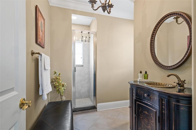 interior space featuring ornamental molding, sink, and an inviting chandelier