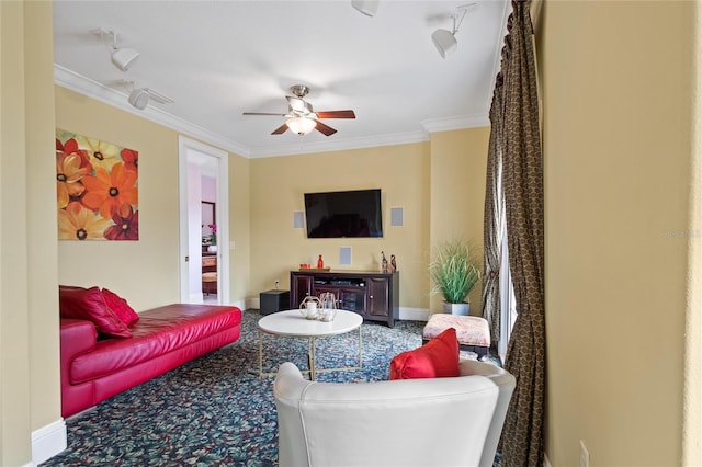 living room featuring crown molding, ceiling fan, track lighting, and carpet flooring