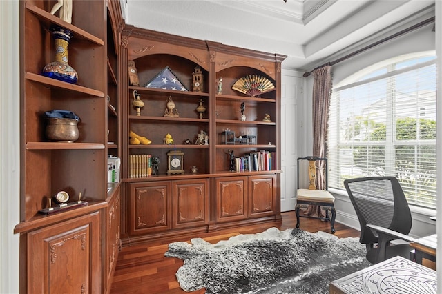 office space featuring ornamental molding, a tray ceiling, and hardwood / wood-style floors