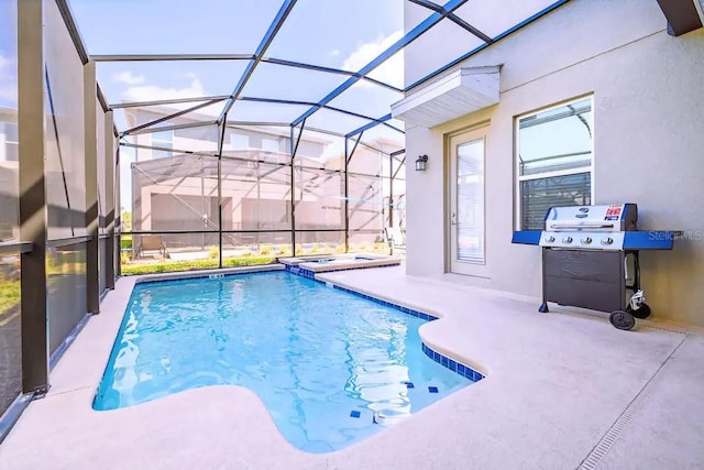 view of swimming pool featuring grilling area, glass enclosure, a patio area, and an in ground hot tub