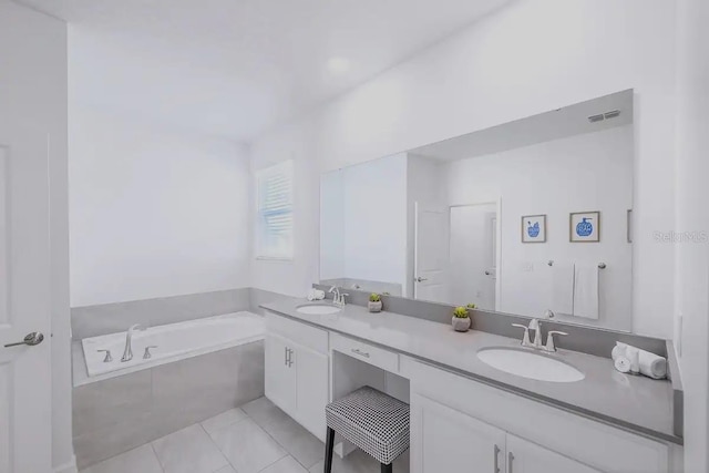 bathroom featuring vanity, tile patterned flooring, and independent shower and bath