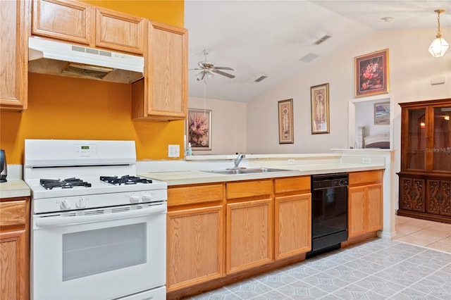 kitchen with ceiling fan, sink, black dishwasher, white gas stove, and lofted ceiling