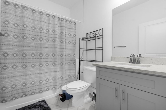 full bathroom featuring vanity, toilet, and shower / tub combo with curtain