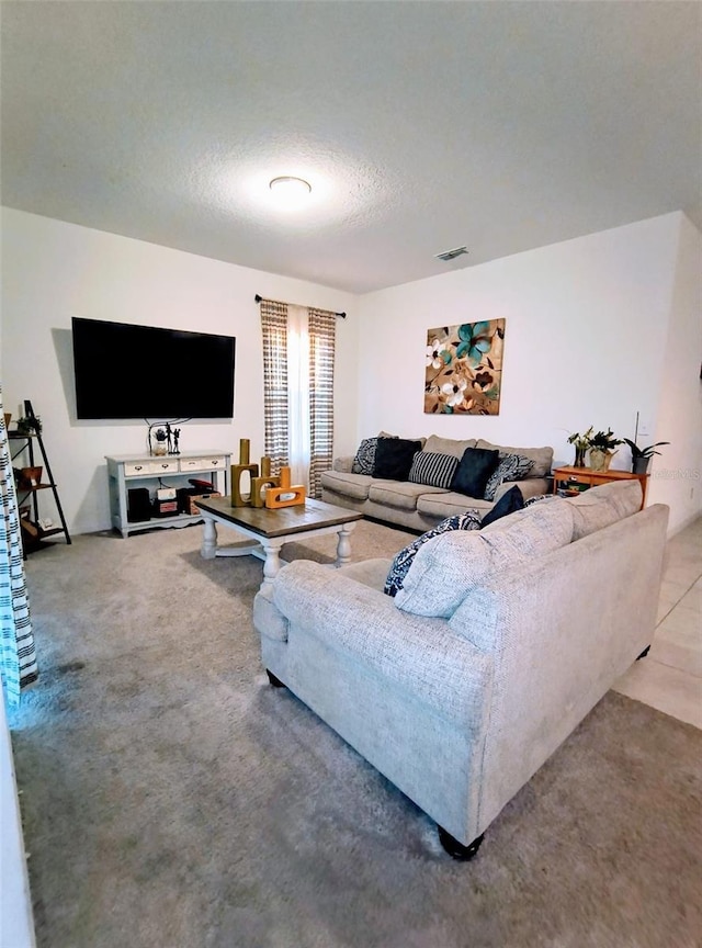 living room featuring light carpet and a textured ceiling