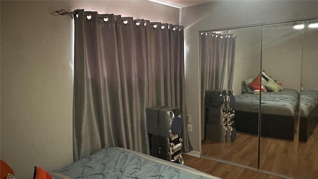 bedroom featuring wood-type flooring and a closet