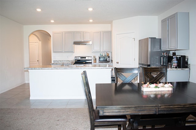 kitchen with stove, a center island with sink, light stone counters, gray cabinets, and light carpet