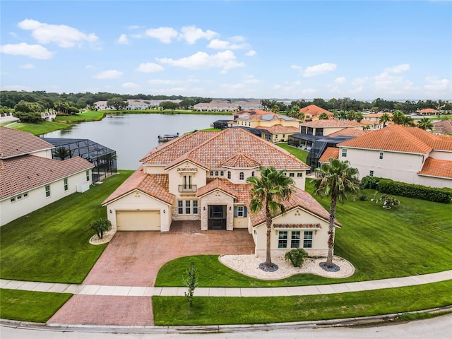 aerial view featuring a water view