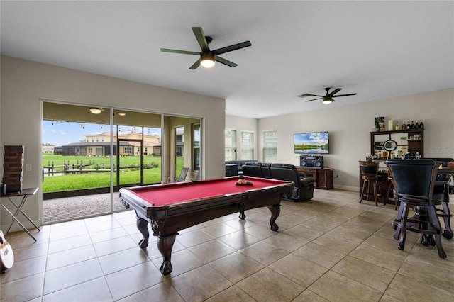 rec room with ceiling fan, light tile patterned flooring, and pool table