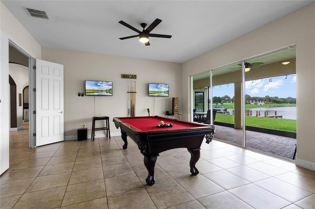 rec room with ceiling fan, light tile patterned flooring, and pool table