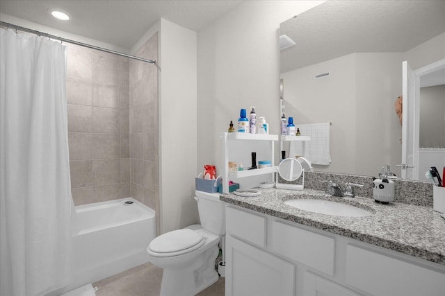 full bath with toilet, shower / bath combo, visible vents, and vanity