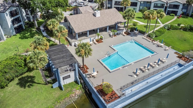 drone / aerial view featuring a water view