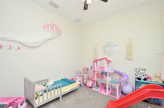 carpeted bedroom with ceiling fan