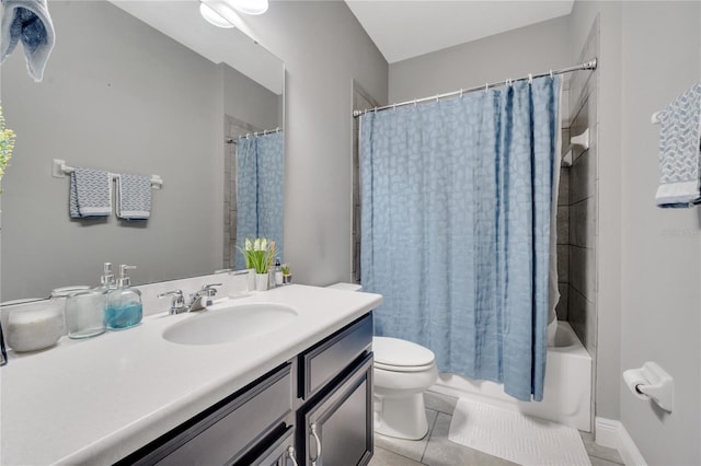 full bathroom with shower / bath combination with curtain, tile patterned floors, toilet, and vanity