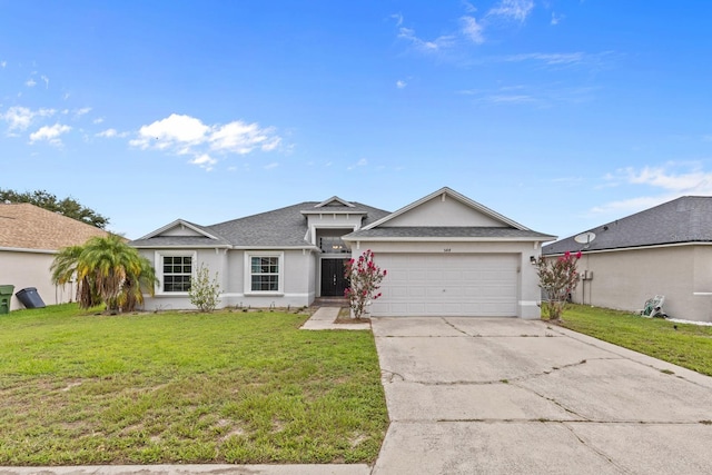 ranch-style home featuring a front yard and a garage