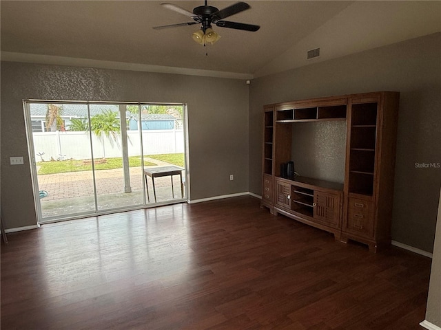 unfurnished living room featuring ceiling fan, dark wood-type flooring, and lofted ceiling