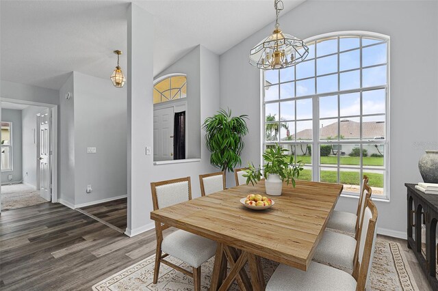 dining room with a wealth of natural light, an inviting chandelier, high vaulted ceiling, and dark hardwood / wood-style flooring