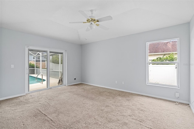 spare room featuring ceiling fan, a wealth of natural light, and carpet