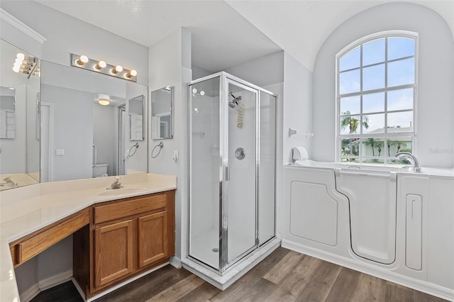 bathroom with vanity, toilet, hardwood / wood-style floors, and a shower with shower door