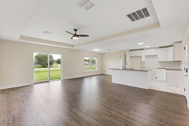 unfurnished living room with sink, a tray ceiling, dark hardwood / wood-style flooring, and ceiling fan