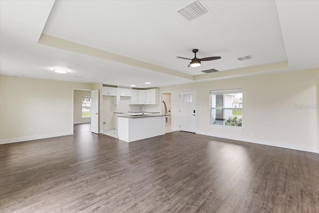 unfurnished living room with a raised ceiling, a wealth of natural light, and hardwood / wood-style flooring