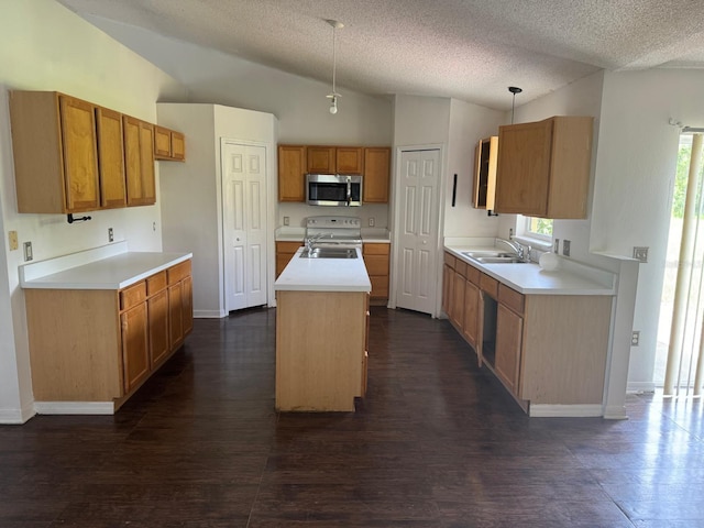 kitchen featuring vaulted ceiling, a textured ceiling, dark hardwood / wood-style flooring, decorative light fixtures, and a center island with sink