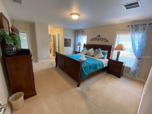 bedroom with multiple windows, light colored carpet, and ensuite bath