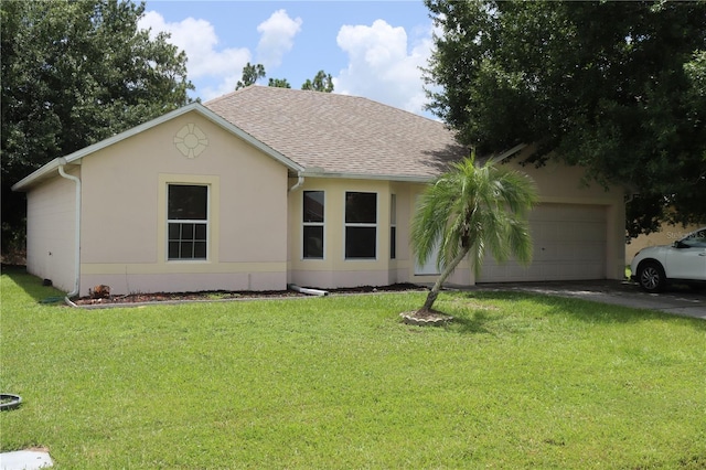 ranch-style house with a garage and a front yard